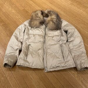 Prada grey Down Puffer Jacket with Fur Collar L 46